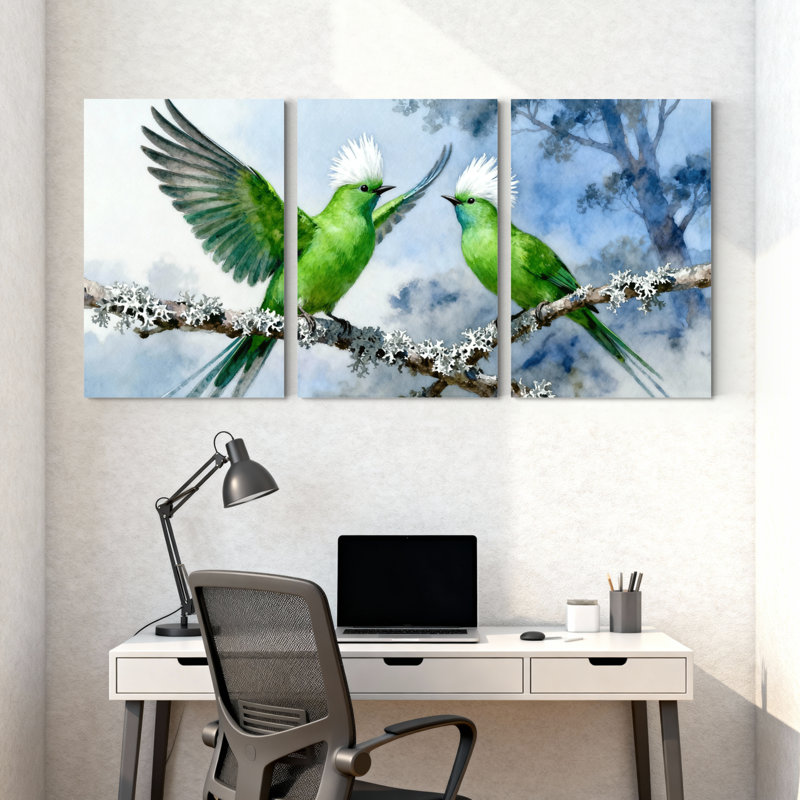 «Birds Green Birds on Snowy Branch», ensemble de 3 impressions sur toile, H 18 po x l 36 po