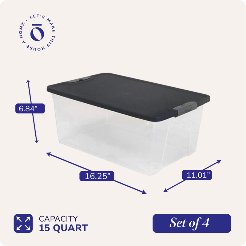 Homz Secure Latch Large Clear Stackable Storage Container w/ Lid, 4, Gray, 15 quart
