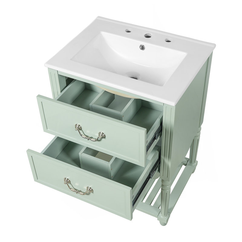24'' Bathroom Vanity With Ceramic Sink, Bathroom Cabinet With Two Soft-Close Drawers And An Open Shelf, Vintage Elegant Wave Design