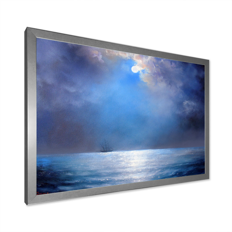 " Seascape Moonlit Night ", 16" H x 32" W x 0.1" D, Silver Picture Framed Canvas