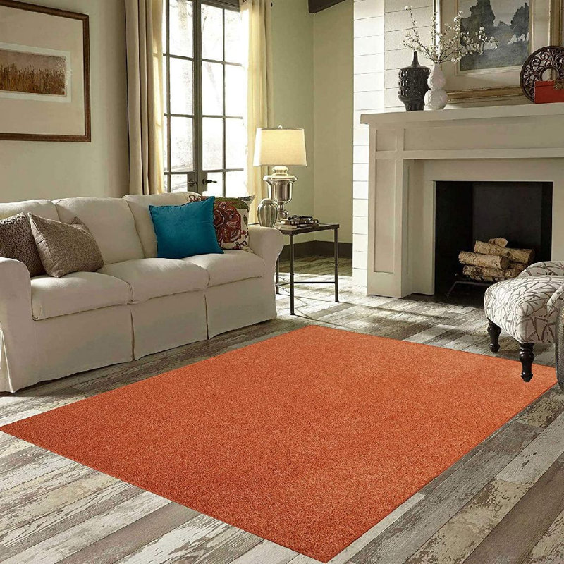Tapis rond en polyester tissé à la machine de couleur unie orange, Ovale 7 pi x 9 pi