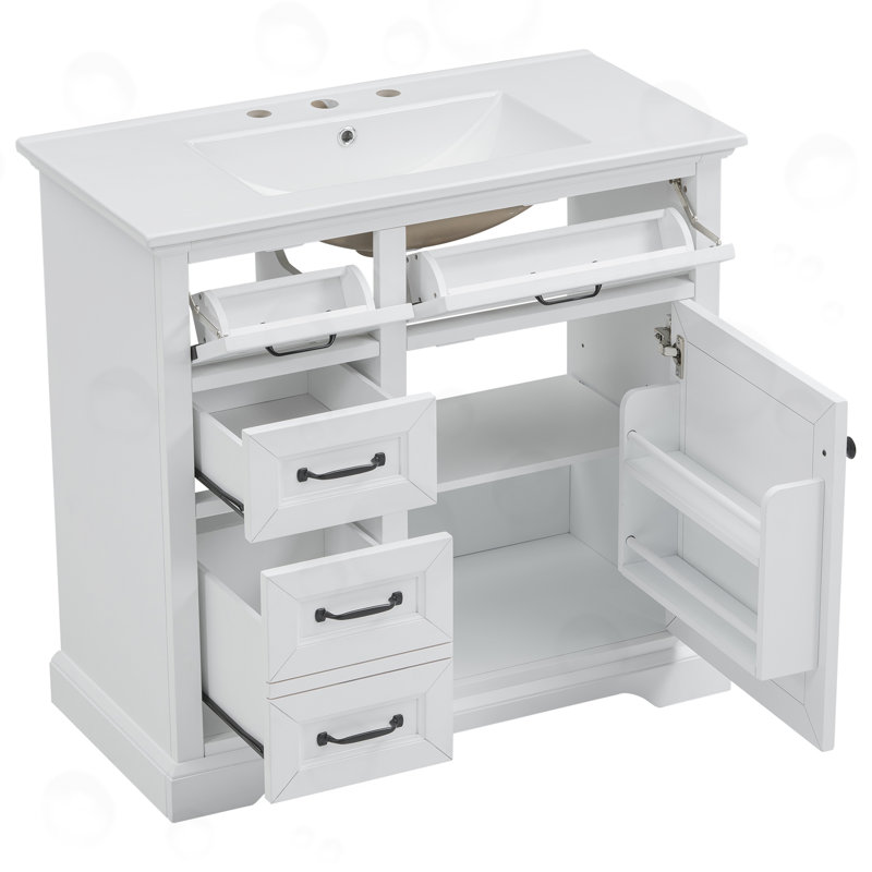 Meuble-lavabo avec 4 tiroirs et 1 porte à fermeture en douceur, Blanc