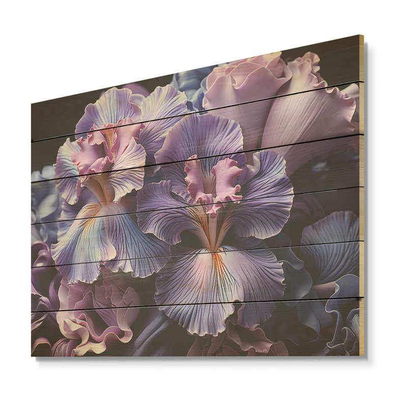 Minuit mauve iris sérénité dévoilé I - iris, art mural sur bois de pin naturel, H 10 po x l 20 po