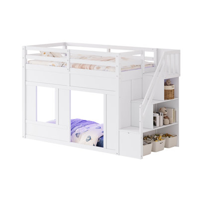 Lit mezzanine simple avec escalier de rangement et lumières DEL intégrées, blanc
