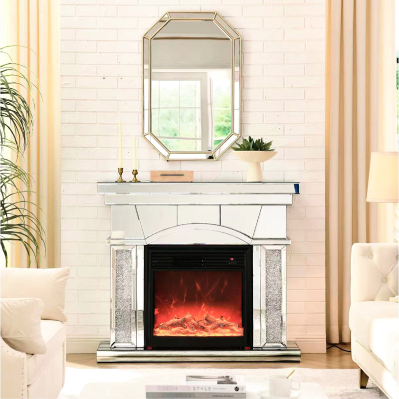 Electric Fireplace Cabinet With Mirror Finish, 3D Flame Effect, Remote Control, Energy Saving, Protected, Black Portable For Office Artificial Crystals Cabinet, 1500W Heating, Realistic Living Room