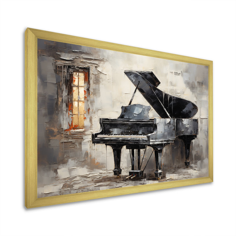Gris, mélodie mélancolique - Piano, art mural, salon, Cadre doré simple, H 30 po x l 40 po x P 1,5 po