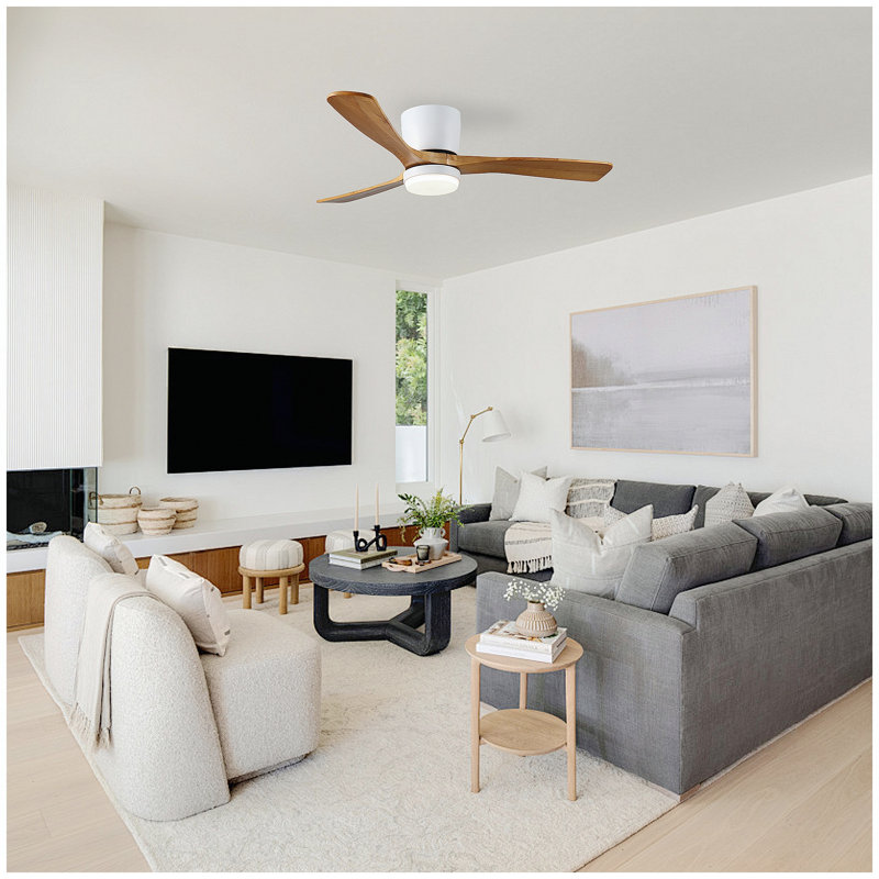 Ventilateur de plafond blanc 41,7 po avec lumière, 3 pales en bois massif, moteur à courant continu réversible à 6 vitesses pour chambre à coucher, salle à manger, salon