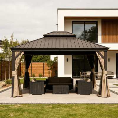 11X13ft Outdoor Gazebo, Hardtop Gazebo With Galvanized Steel Double Roof, Metal Gazebos With Drainage System Patio Pergola For Patio Deck Backyard,Curtain And Netting,Brown