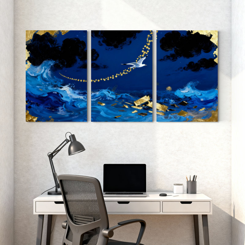 Ensemble de 3 impressions sur toile Blue Waves Gold, H 18 po x l 36 po