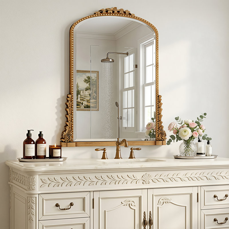 Miroir de salle de bain rétro gravé, miroir mural arqué, 22"×32", Doré