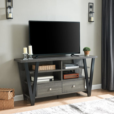 Meuble télé 2 tiroirs et 2 tablettes, gris noir, support de fixation de 60 à 69 pouces