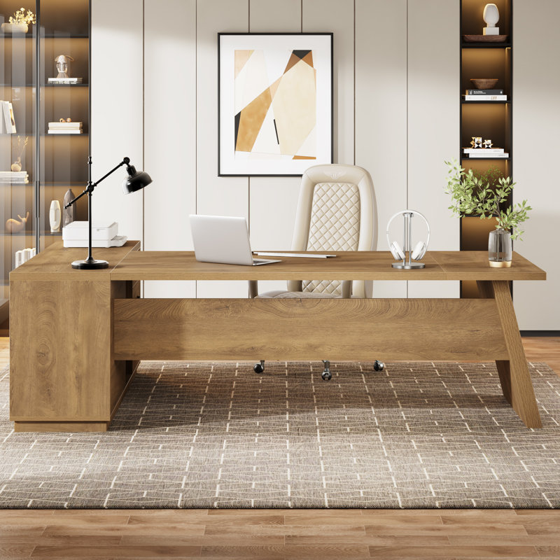 Bureau de direction en L avec tiroirs, Brun