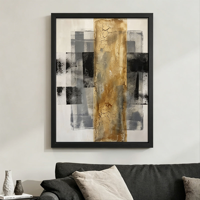 Croix abstraite moderne: texture craquelée dorée avec panneaux noirs et gris, style d'art moderne mixte. Toile encadrée 24 "x 36" avec cadre en bois noir