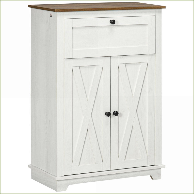 Cabinets, HOMCOM Farmhouse Barn Door Accent Cabinet with Double Doors, Drawer &amp; Adjustable Shelf | White | Particle Board