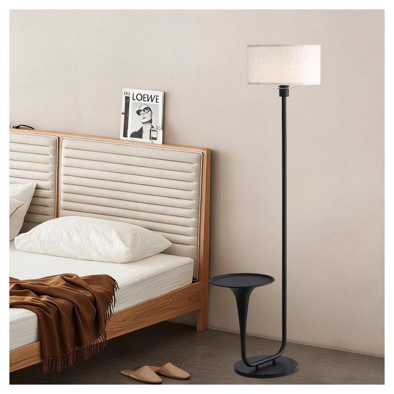 57.5'' Black Iron Floor Lamp with Side Table & Dimmable LED Light.  