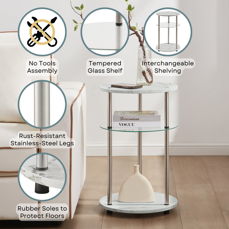 Edwin 25.25'' No Tools 3 Tier Glass Round End Table, White Faux Marble
