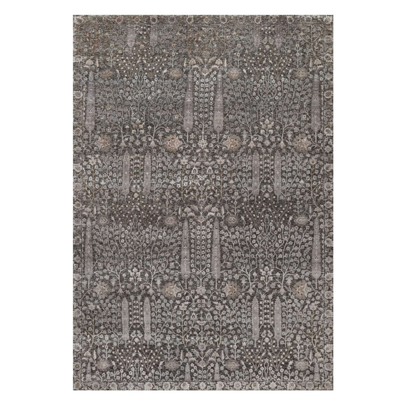Tapis oriental gris cendré, saule et cyprès 9 pi 9 po x 14 pi 2 po, tissé plus dense, laine et soie texturées, noué à la main, tapis oriental
