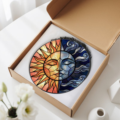 12"H Sun Moon Stained Glass Window Panel