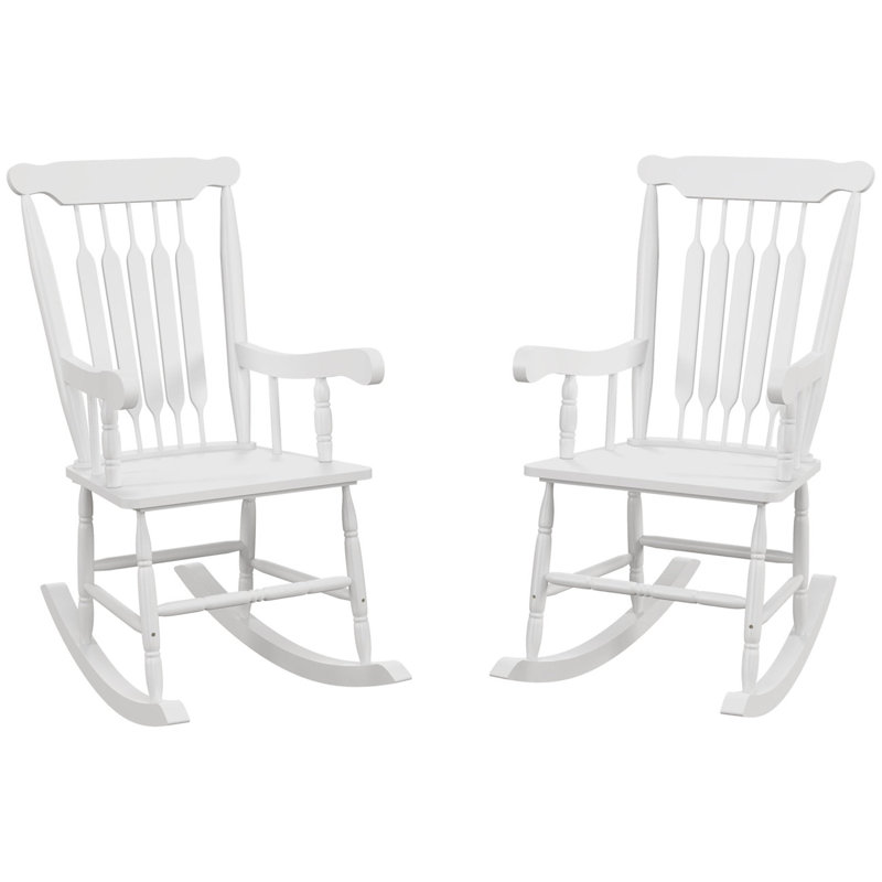 Outsunny Outdoor Wood Rocking Chairs Set Of 2, 350 Lbs. Porch Rockers With High Back For Garden, Patio, Balcony, White