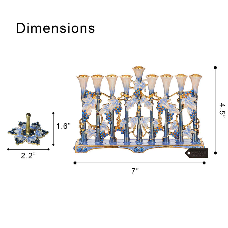 Ensemble de célébration Hanoukka - Menorah tulipe bleue et ivoire peinte à la main, 2 dreidels tournants, accents dorés, cristaux, cadeau et décoration par Matashi