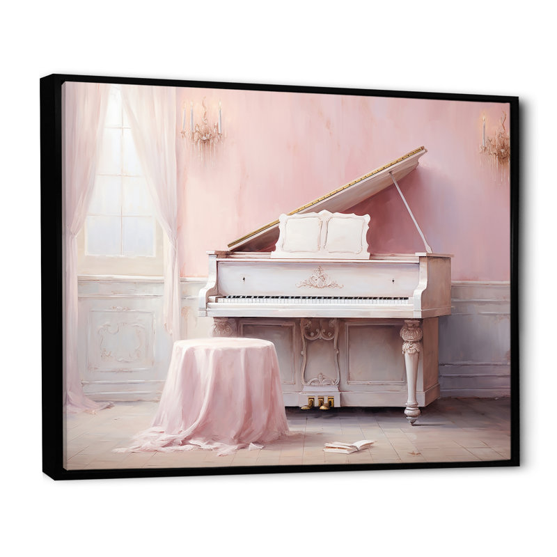 «Pink Pastel Piano Play I», reproduction sur toile, Cadre flottant noir, H 24 po x l 32 po x P 1 po