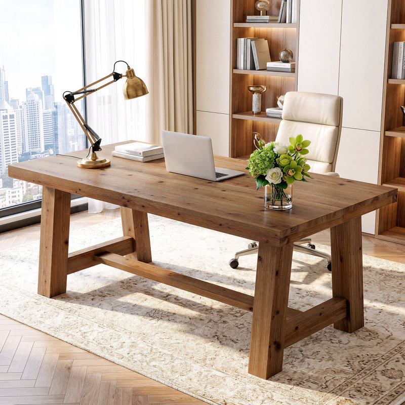 63" Solid Wood Computer Desk with Thick Top, Farmhouse Writing Desk for Home Office