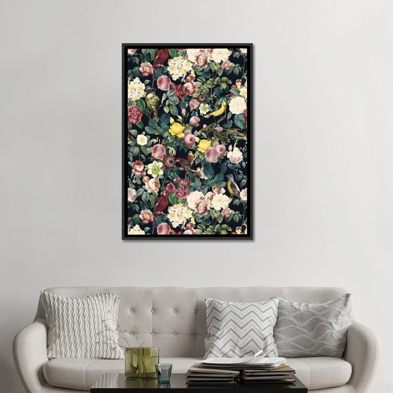 Fleurs et oiseau, impression sur toile tendue, H 26 po x l 18 po x P 1,5 po, Toile avec cadre flottant noir, Pas de tapis