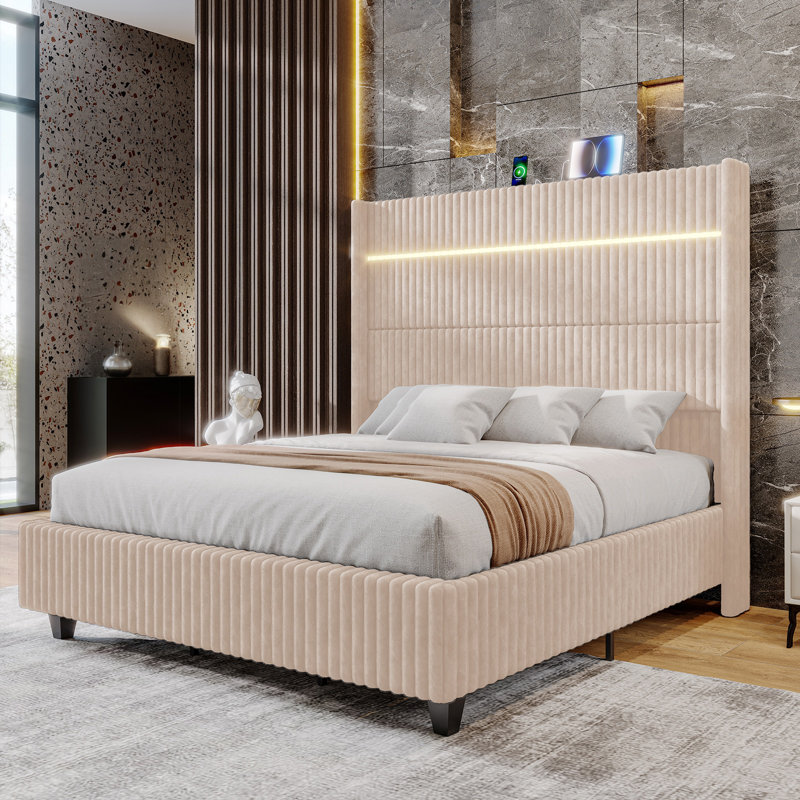 Beige King Corduroy Upholstered Platform Bed with LED Headboard