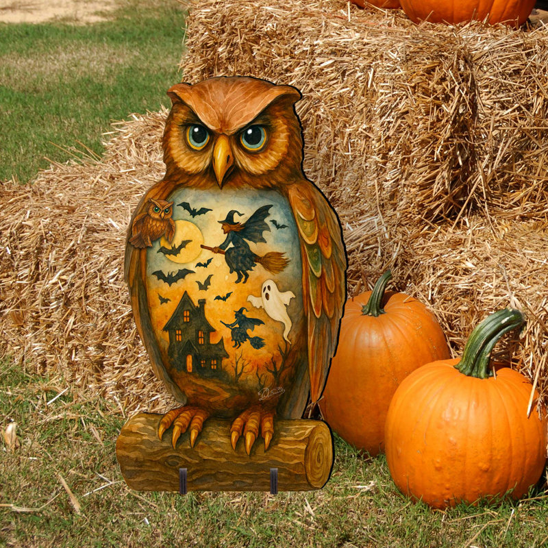 Halloween Hibou autoportant Lidell - présentoir de jardin en bois fabriqué à la main par G. Debrekht