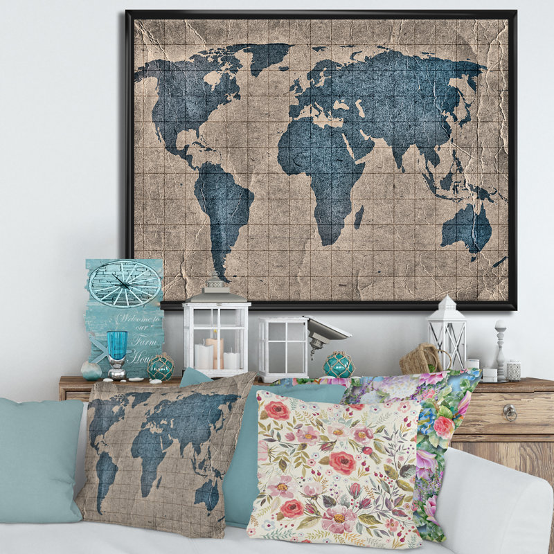 Ancienne carte du monde I - reproduction de cadre flottant sur toile, H 16 po x l 32 po x p 1 po, Cadre noir