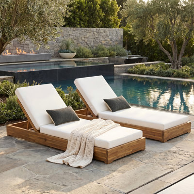 Leite 79" Long Reclining Outdoor Acacia Chaise Lounge Set with Cushions