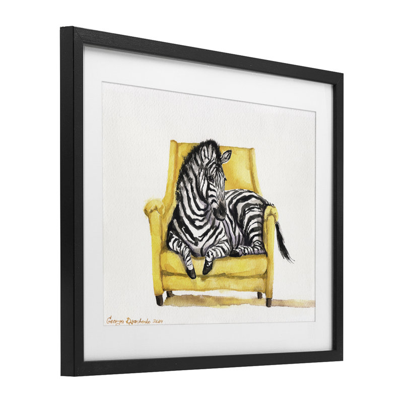 Mignon zèbre sur une chaise jaune, reproduction encadrée sous verre, conception de George Dyachenko, H 17 po x l 21 po