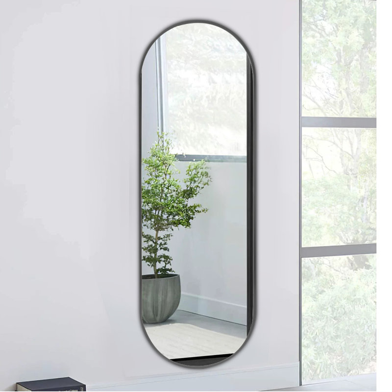 Lottie Oval Metal Framed Wall Mounted Full Length Mirror, Black, 150cm x 40cm
