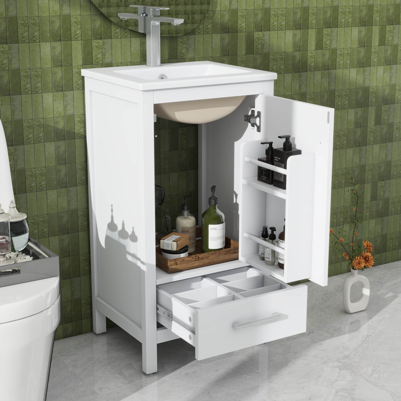 Meuble-lavabo moderne de 18 pouces avec lavabo en céramique et porte-cloisons en plastique, Blanc, 18", Trou simple