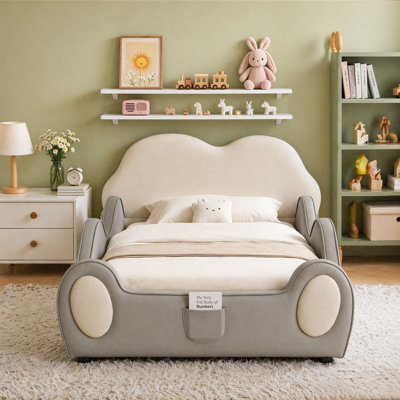 81" Twin Cream Cloud Upholstered Toddler Bed, PU Leather Kids Platform Bed with Full Safety Guardrails, Low Profile Neutral Beige Baby Bed with Side Storage Pocket, No Box Spring Needed