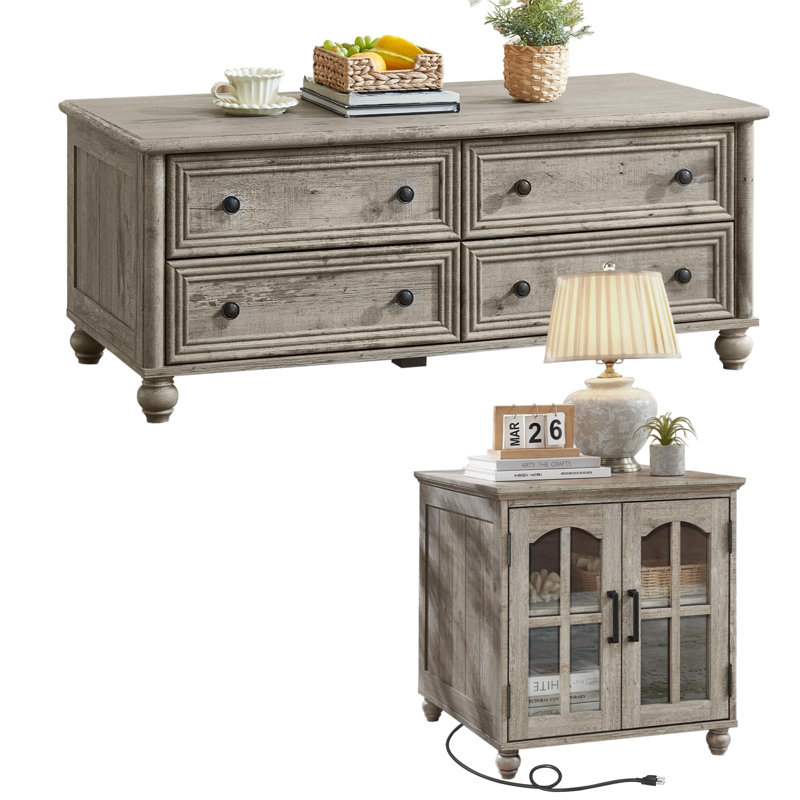 Ensemble de table basse et table d'appoint de style ferme (2 pièces), tables de salon en bois avec table basse à 4 tiroirs et table d'appoint avec station de recharge, design à colonnes romaines pour salon et chambre