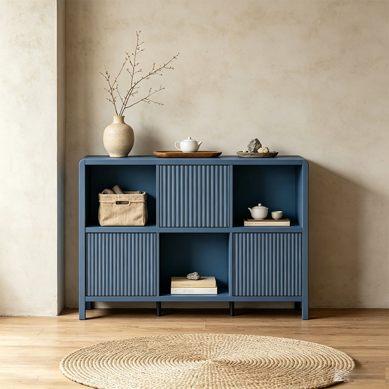 Bibliothèque horizontale à 6 cubes et 6 portes, bibliothèque moderne en bois pour le bureau à domicile, bleu