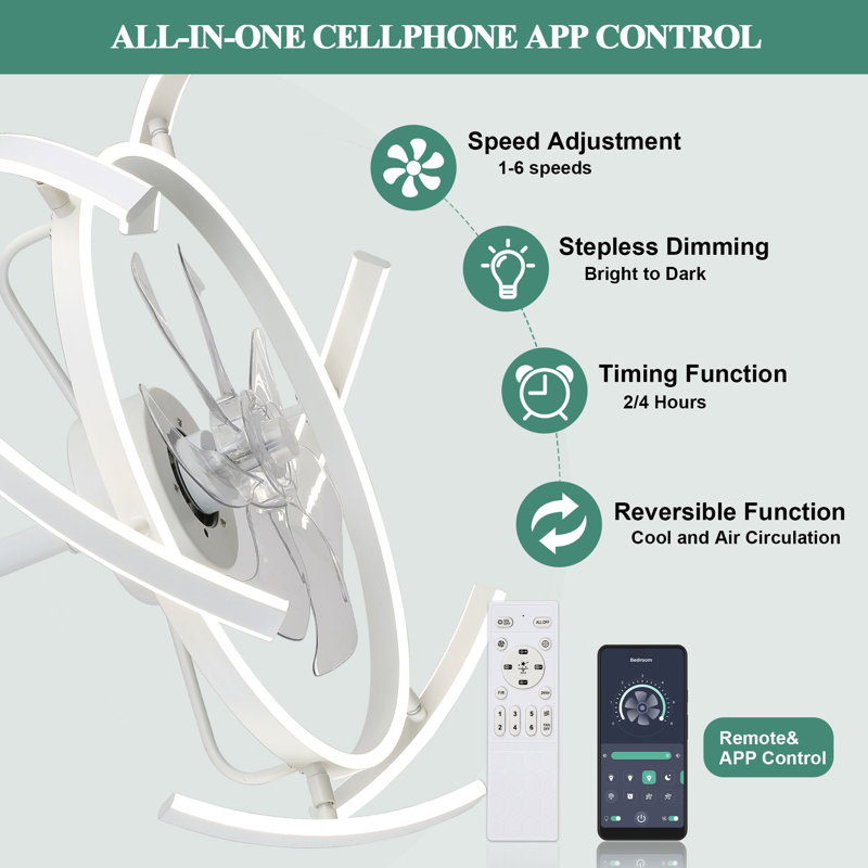 Clorene 24in. DIY Shape Ceiling Fan with Light, 6 Speeds Silent DC Motor Ceiling Fan with APP Control, White