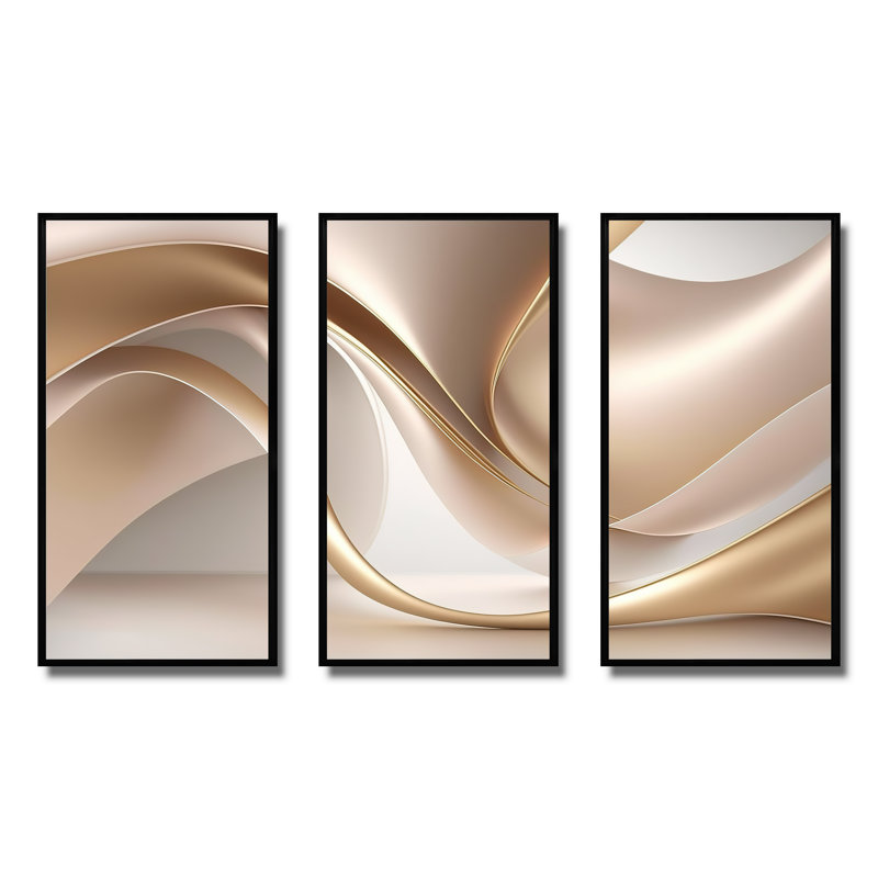 Luscious liquide or en rose discret et taupe - impression sur toile 3 pièces, Cadre flottant noir, H 28 po x l 36 po