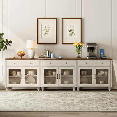 Buffet Corretta avec bar intégré, buffet de style campagnard de 259 cm (102 po) pour salle à manger, meuble de cuisine moderne, grand meuble de rangement avec portes vitrées et tiroir en bois, blanc