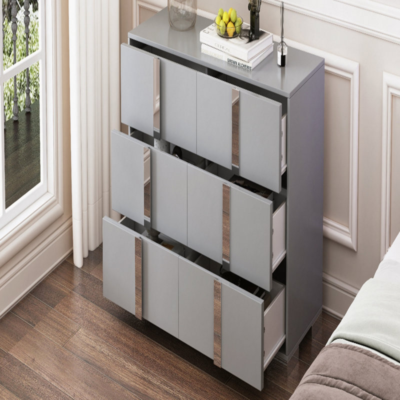 Elegant Modern Dresser With Metal Foot,Mirrored Storage Cabinet With 6 Drawers For Bedroom,Living Room, Light Gray
