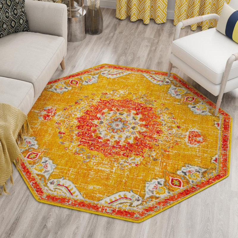 Galyean Abstract Gold/Red Rug, Octagon 6'1" x 6'1"