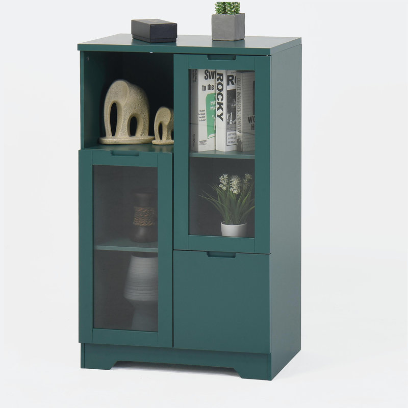 Armoire peinte en panneau de fibres à densité moyenne avec portes et tiroir en verre, espace de rangement ouvert, Vert