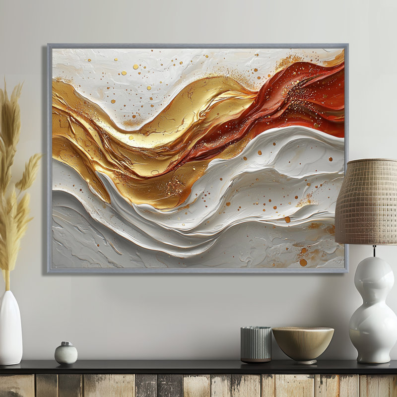 Rivière dorée de Calacatta, marbre abstrait II - art mural en marbre, H 24 po x l 32 po, Cadre flottant, Naturel
