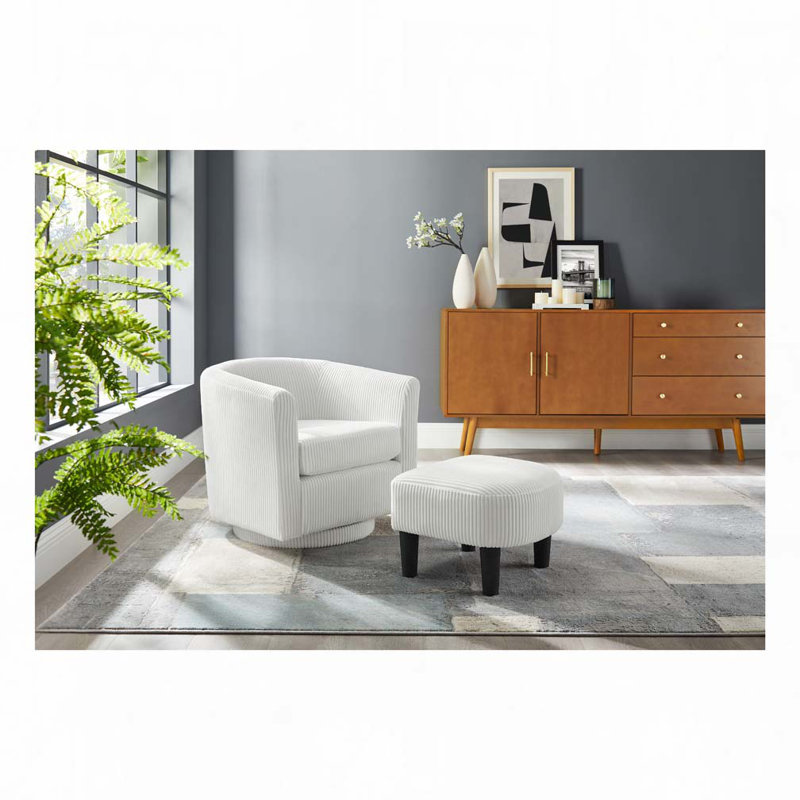 Upholstered Chair With Ottoman, White Corduroy