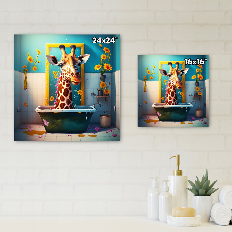 Girafe caricature éclaboussant autour d'un bain de fleurs I - impression sur toile tendue, H 24 po x l 24 po x P 1 po