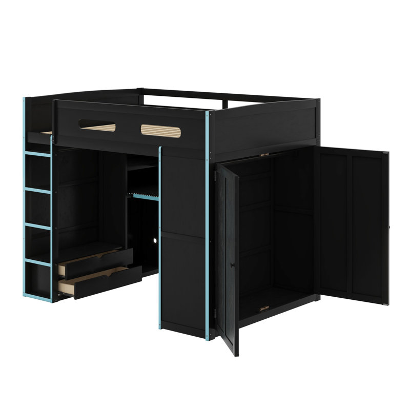 Wood Loft Bed With Desk,Wardrobe,Ample Storage Space,And RGB LED Light, Cloud Blue/Black
