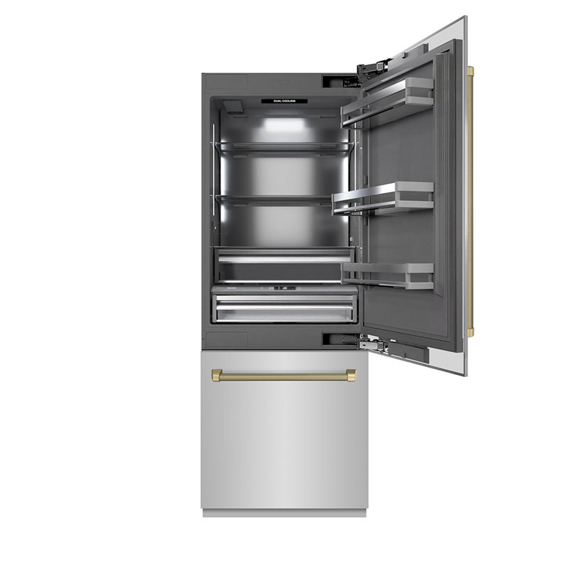 ZLINE Autograph 30 in. Built-In Refrigerator w/ Gray Interior and Polished Gold Helix Handles, Champagne Bronze