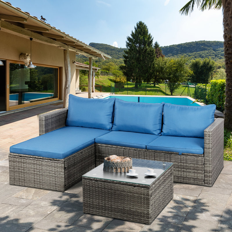 3-Piece Outdoor Sofa Set With Glass Table, Navy