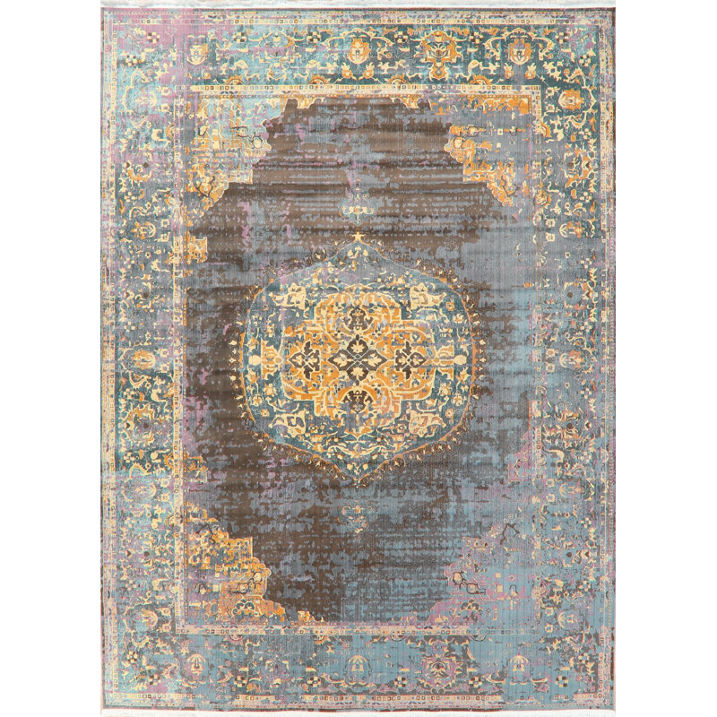 Tapis oriental jaune / bleu / rose, Rectangle 5 pi x 7 pi